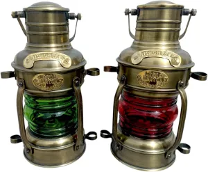 Anchor Lamp Nautical Ship Lantern, Brass Finish, Port and Starboard Colored Glass, Set of 2