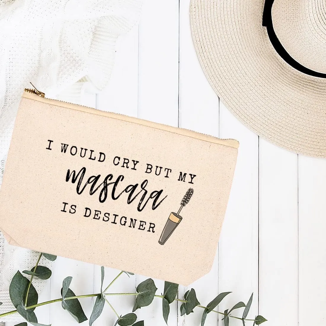 Andaz Press Funny Makeup Bag Canvas Cosmetic Bag with Zipper I Would Cry But My Mascara Is Designer Makeup Pouch For Purse Travel Pouch Funny Pencil Bag Cute Birthday Gifts for Women 6.5 x 9 Inch