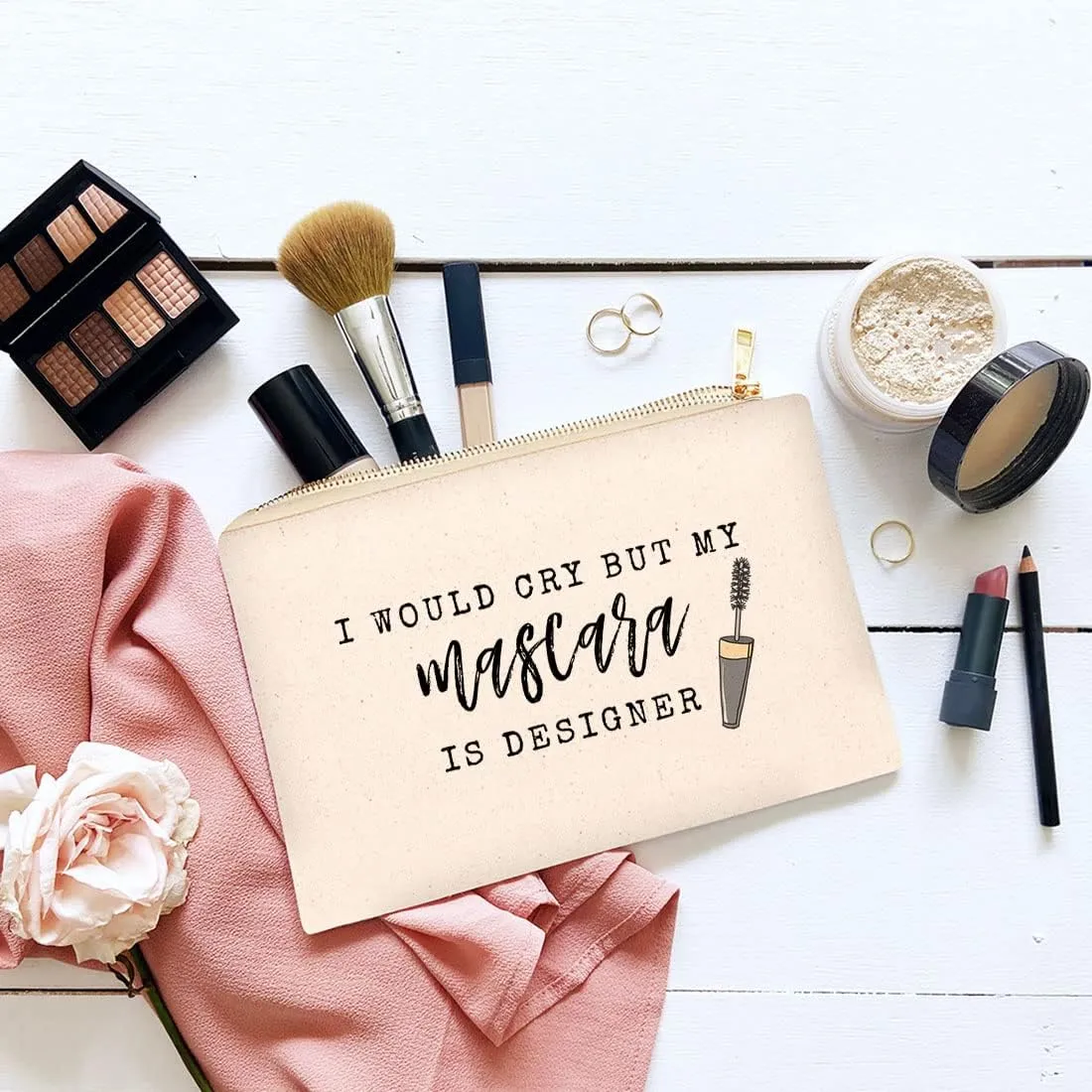 Andaz Press Funny Makeup Bag Canvas Cosmetic Bag with Zipper I Would Cry But My Mascara Is Designer Makeup Pouch For Purse Travel Pouch Funny Pencil Bag Cute Birthday Gifts for Women 6.5 x 9 Inch
