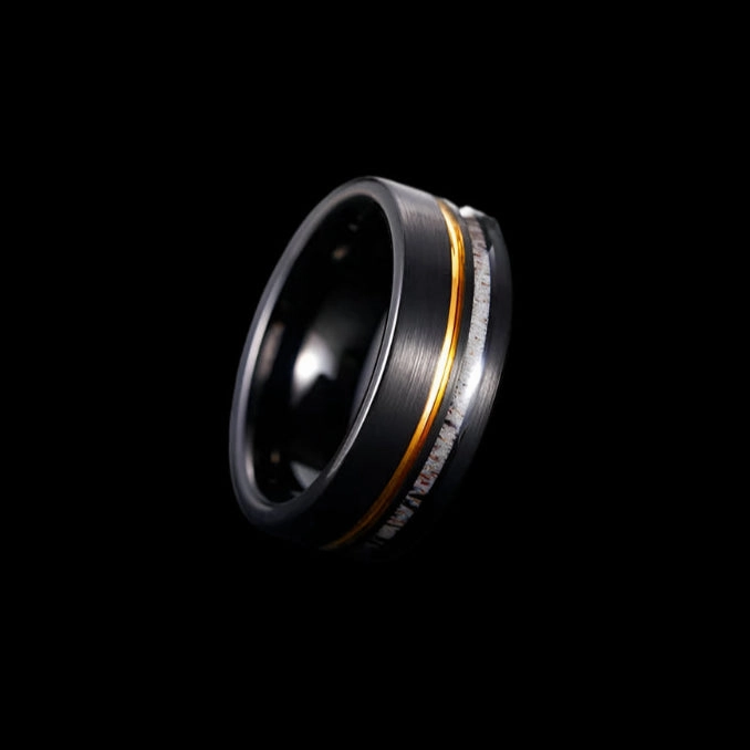 Antler Inlay with Gold Line Matte Black Tungsten Men's Wedding Band