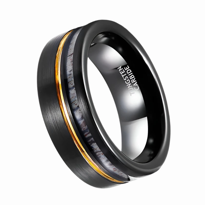Antler Inlay with Gold Line Matte Black Tungsten Men's Wedding Band