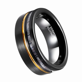 Antler Inlay with Gold Line Matte Black Tungsten Men's Wedding Band