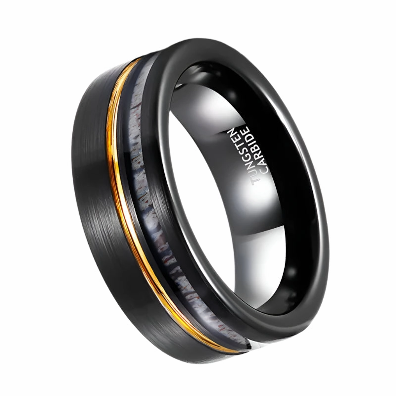 Antler Inlay with Gold Line Matte Black Tungsten Men's Wedding Band