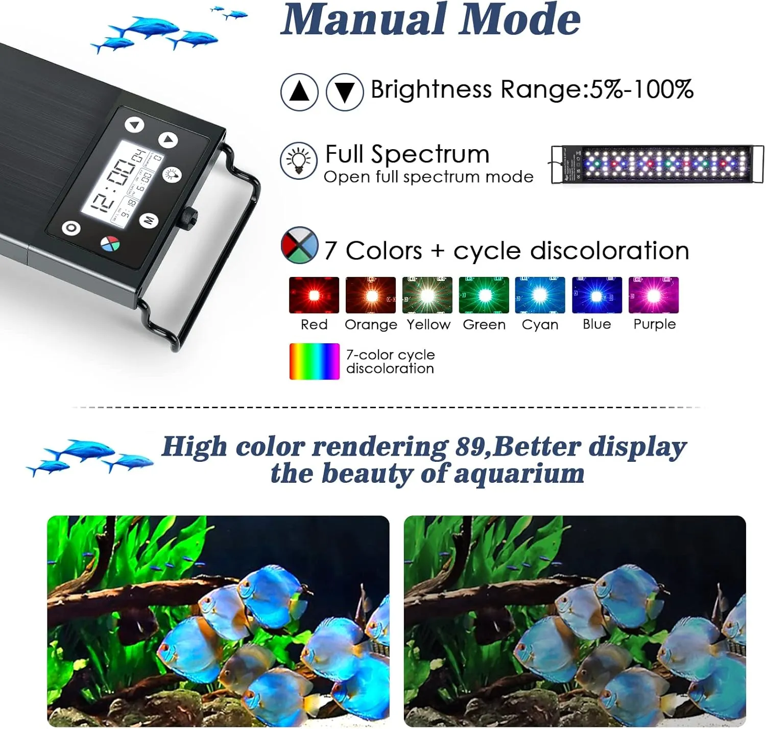 AQQA Aquarium Light,Multi-Function Fish Tank Led Light 24/7 DIY Auto On Off   Night Mode   Day Mode   Full Spectrum   7 Colors,Adjustable Brightness Waterproof with Timer for Freshwater 24W