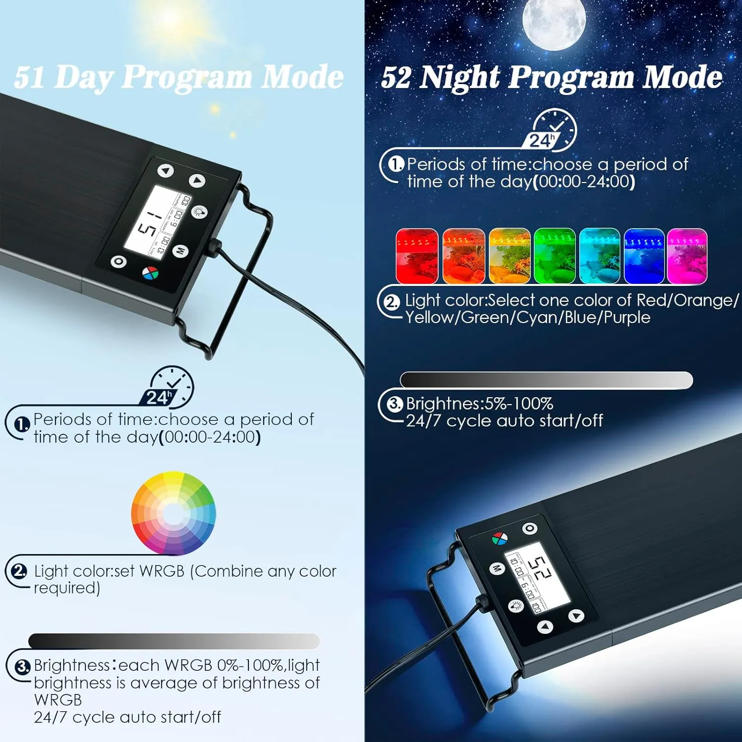 AQQA Aquarium Light,Multi-Function Fish Tank Led Light 24/7 DIY Auto On Off   Night Mode   Day Mode   Full Spectrum   7 Colors,Adjustable Brightness Waterproof with Timer for Freshwater 24W
