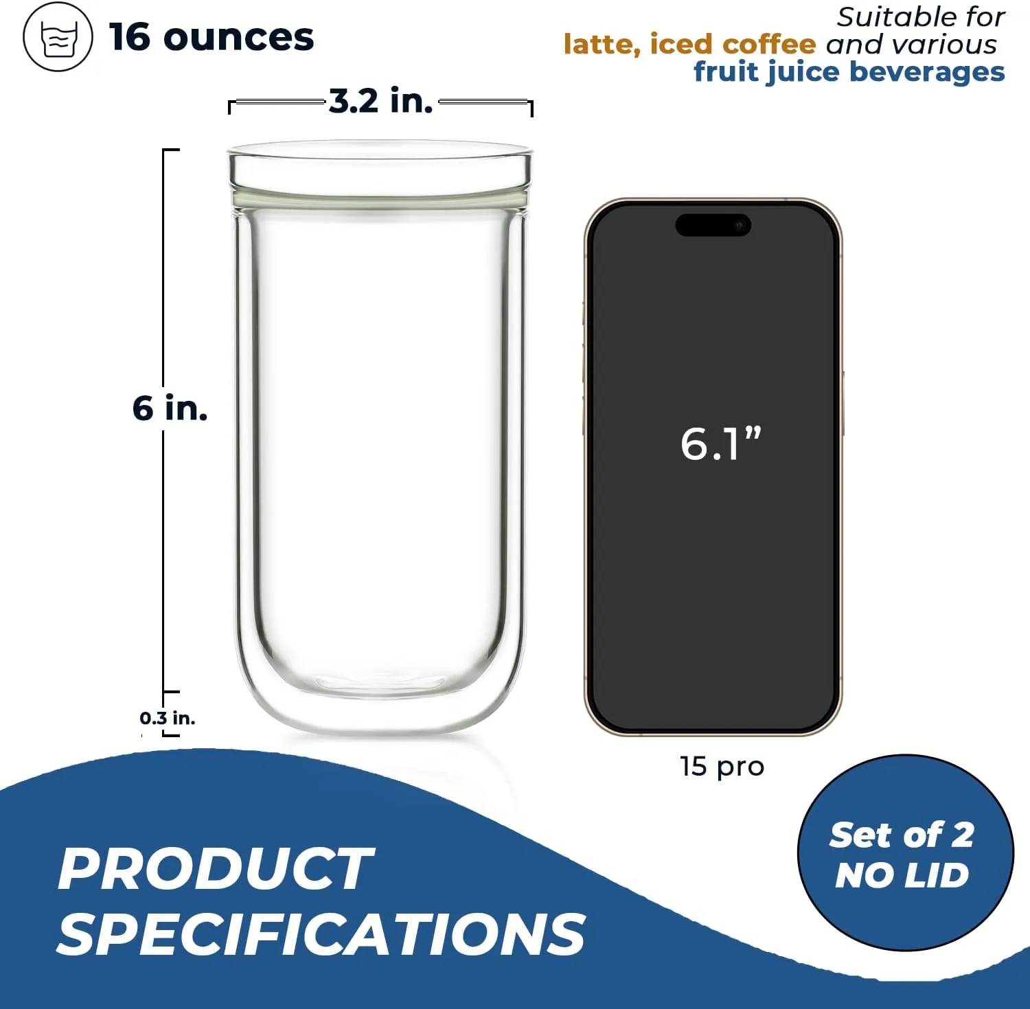 Aquach Double Wall Glass Cup 16oz 2pcs, Clear Insulated Coffee Drinking Glasses, Single Mouth/Double Body