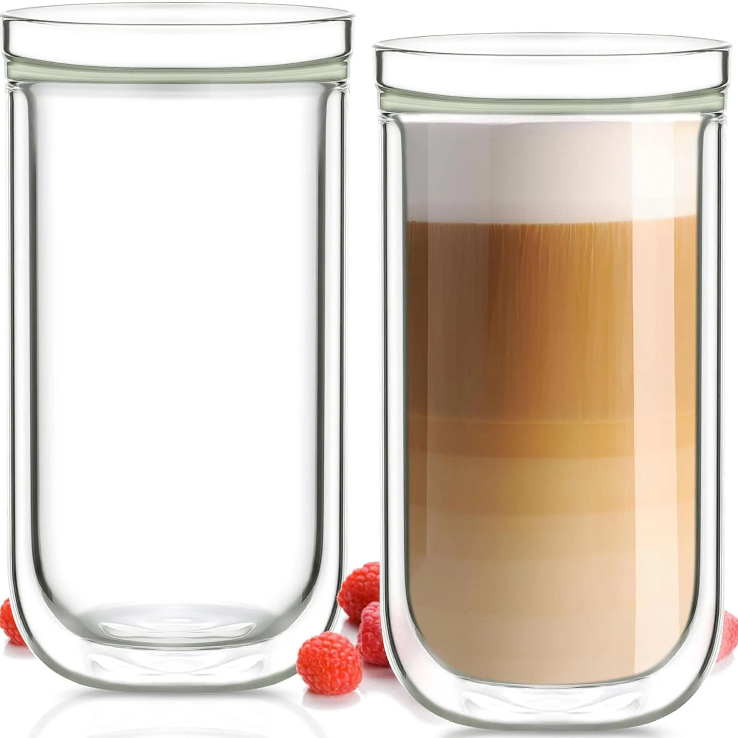 Aquach Double Wall Glass Cup 16oz 2pcs, Clear Insulated Coffee Drinking Glasses, Single Mouth/Double Body