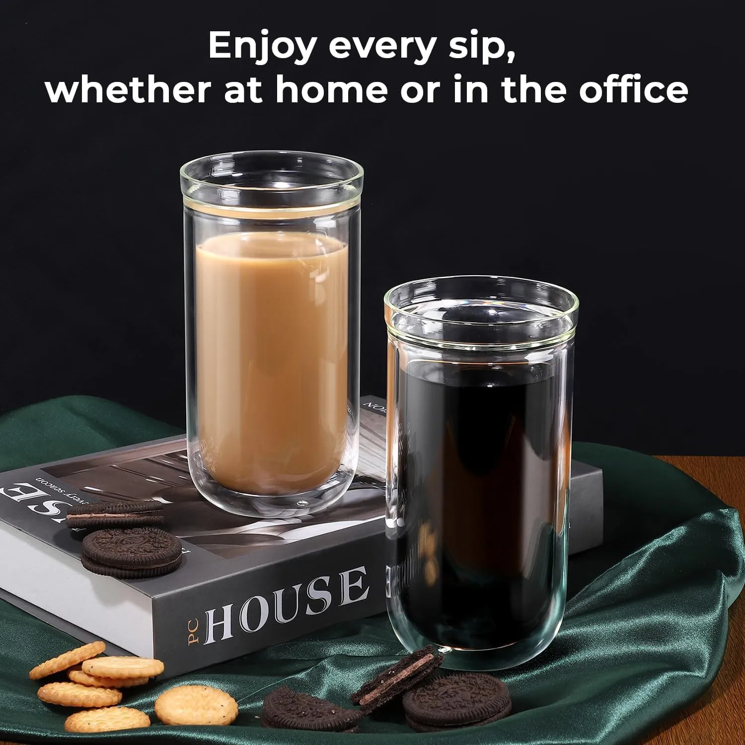 Aquach Double Wall Glass Cup 16oz 2pcs, Clear Insulated Coffee Drinking Glasses, Single Mouth/Double Body