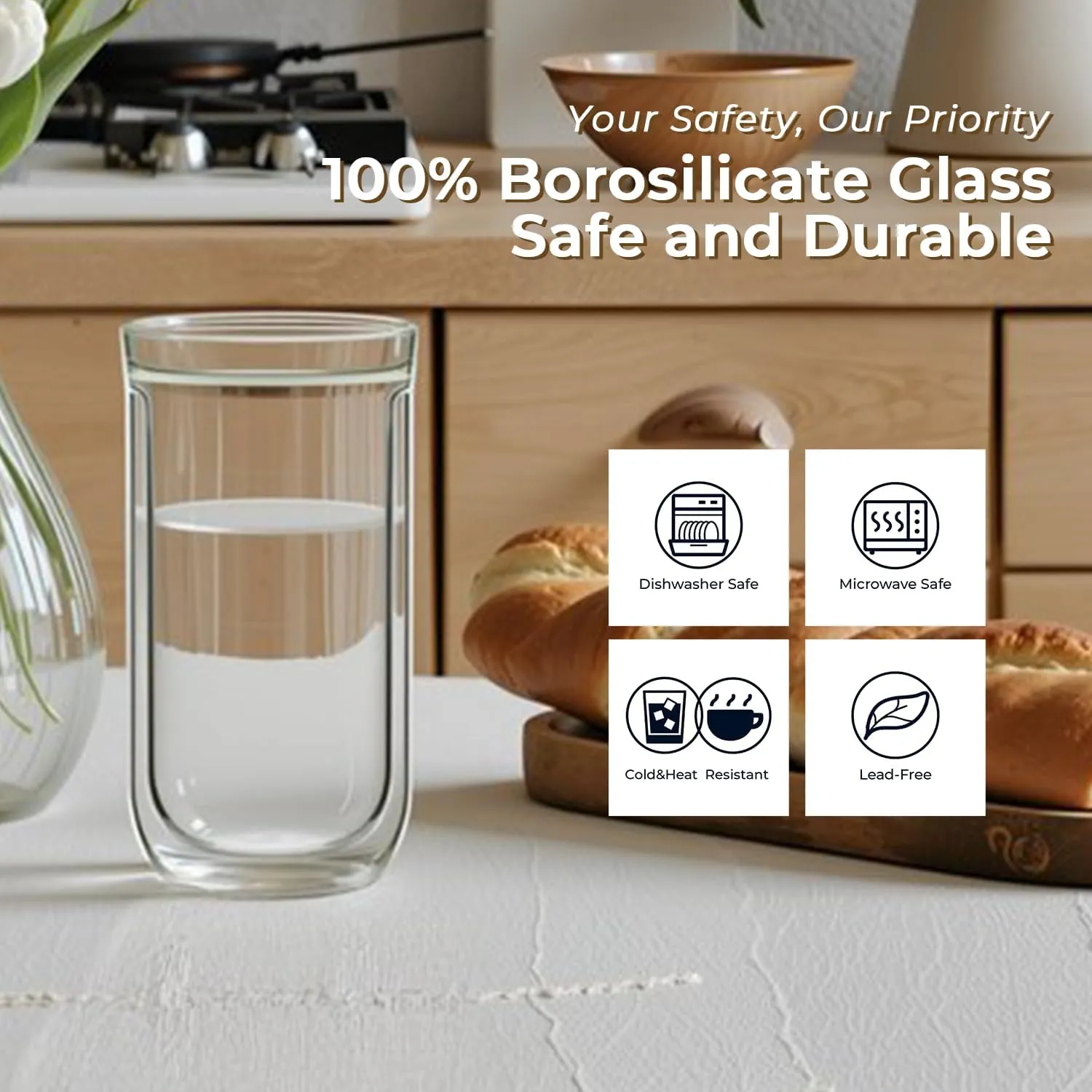 Aquach Double Wall Glass Cup 16oz 2pcs, Clear Insulated Coffee Drinking Glasses, Single Mouth/Double Body