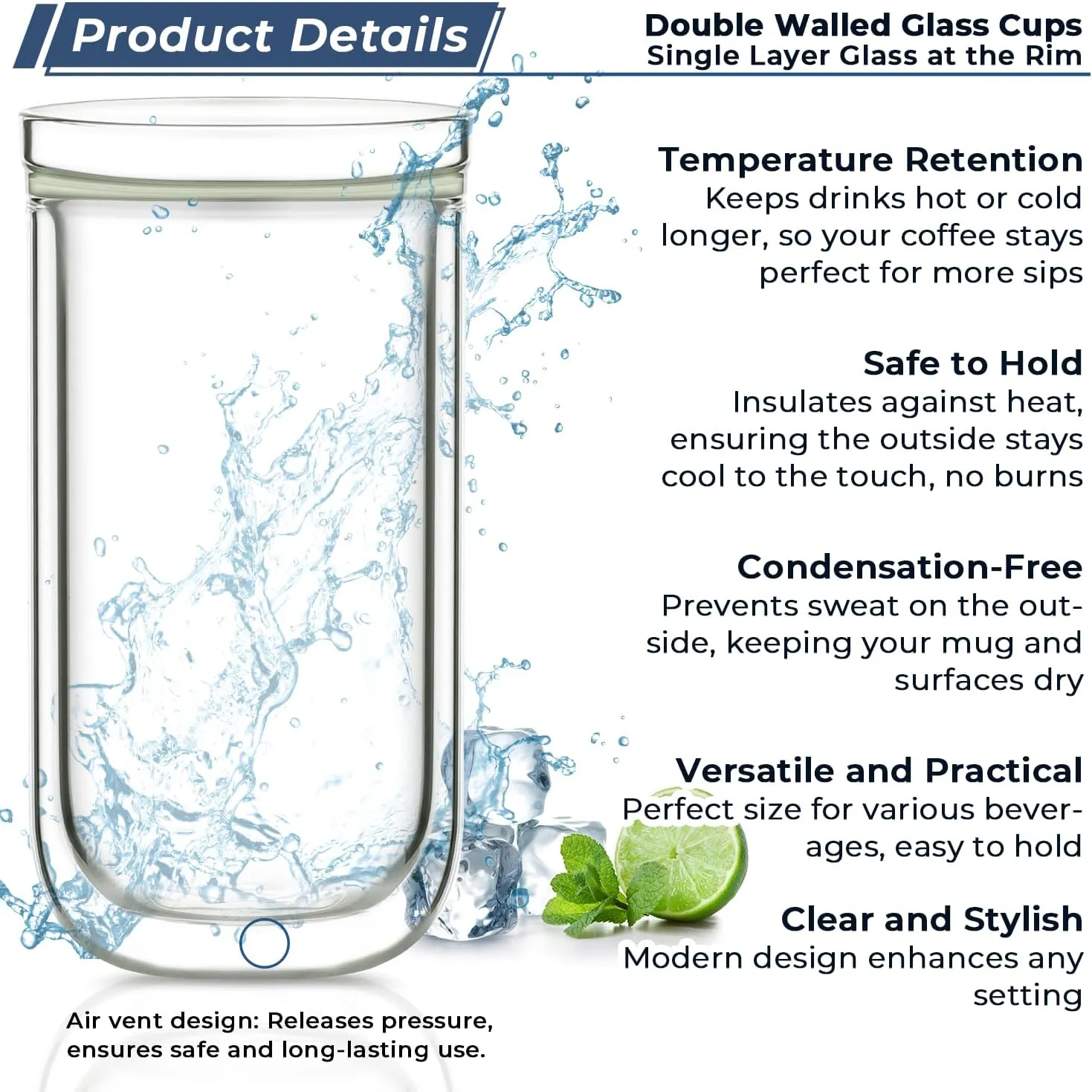 Aquach Double Wall Glass Cup 16oz 2pcs, Clear Insulated Coffee Drinking Glasses, Single Mouth/Double Body