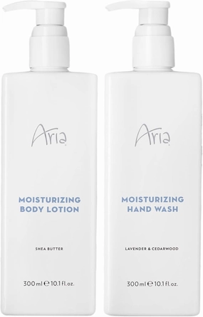 Aria Skin Care Set - Hand Wash & Body Lotion - Scented with Cedarwood, Green Mandarin, Lavender - Hotel Body Care Amenities - 10 oz, White