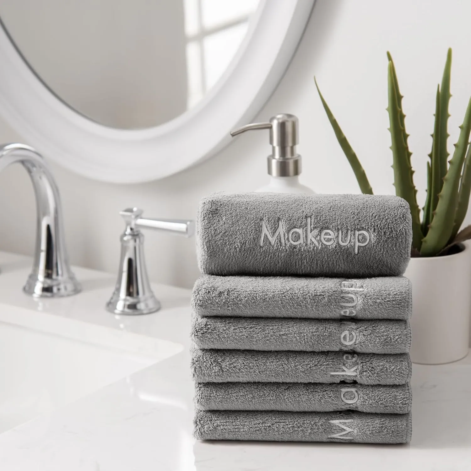 Arkwright Makeup Remover Wash Cloth - Pack of 6 - Ultra Soft & Gentle Microfiber Coral Fleece Small Fingertip Towels, Decorative Powder Room & Guest Bathroom Essentials for Hosts, 11 x 17 in, Grey