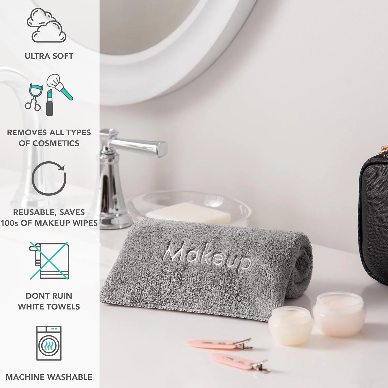 Arkwright Makeup Remover Wash Cloth - Pack of 6 - Ultra Soft & Gentle Microfiber Coral Fleece Small Fingertip Towels, Decorative Powder Room & Guest Bathroom Essentials for Hosts, 11 x 17 in, Grey
