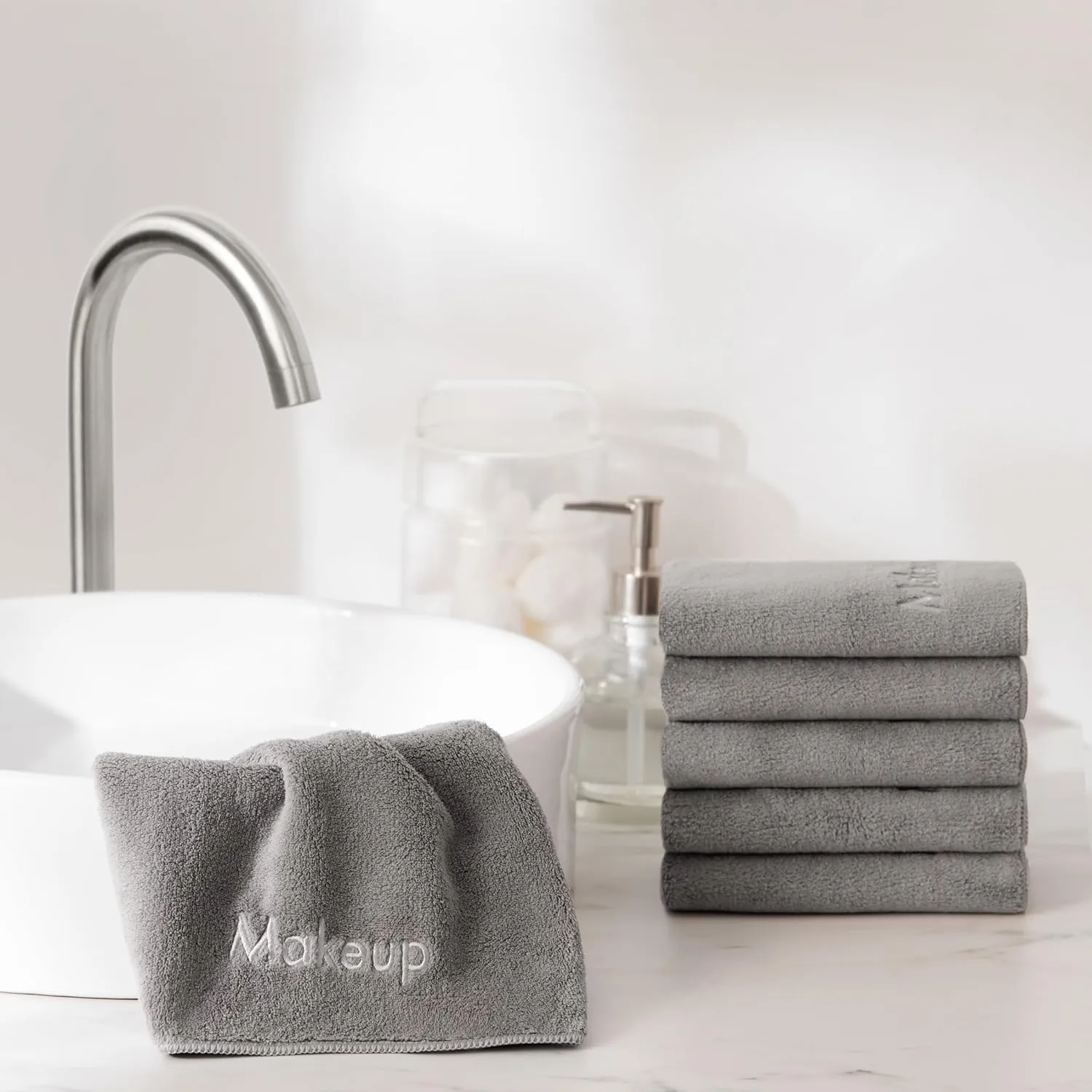 Arkwright Makeup Remover Wash Cloth - Pack of 6 - Ultra Soft & Gentle Microfiber Coral Fleece Small Fingertip Towels, Decorative Powder Room & Guest Bathroom Essentials for Hosts, 11 x 17 in, Grey