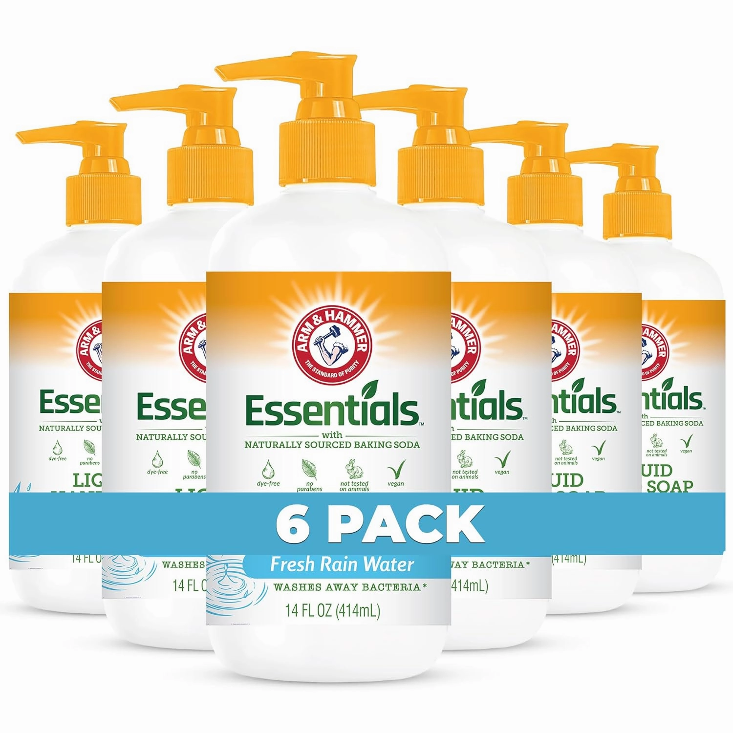 Arm & Hammer 6 Pack Liquid Hand Soap for Skin Cleaning - Cleanser for Kitchen & Bathroom with Fresh Rain Water Scent - Natural Hand Soap Cleanses, Softens 14 FL Oz (414ml)