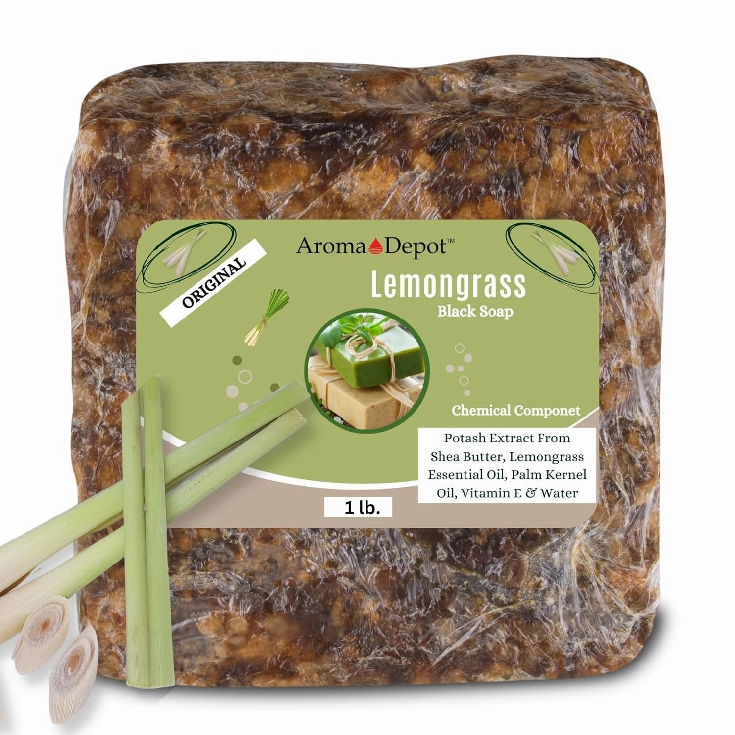 Aroma Depot African Black Soap 1 lb. Scented Lemongrass Bar Handmade with Shea Butter, Essential Oil. 100% Natural Infused Soap For Face and as a Body Wash.