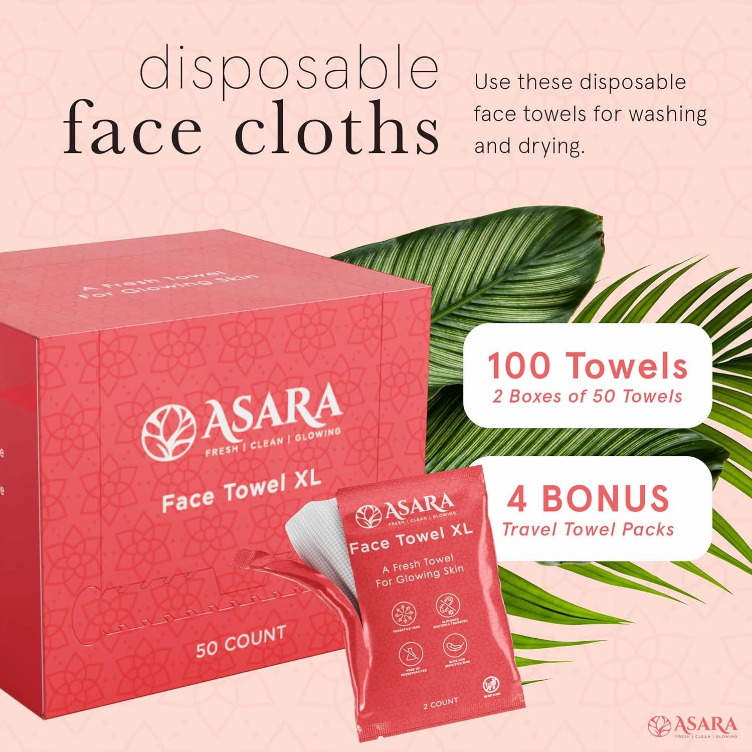 Asara Disposable Face Towel XL Facial Wipes | Organic Vegan Biodegradable | Just Add Water for Makeup Remover Wipes | Sensitive Skin Face Wipes - Clean Daily Towelettes (100 Count)