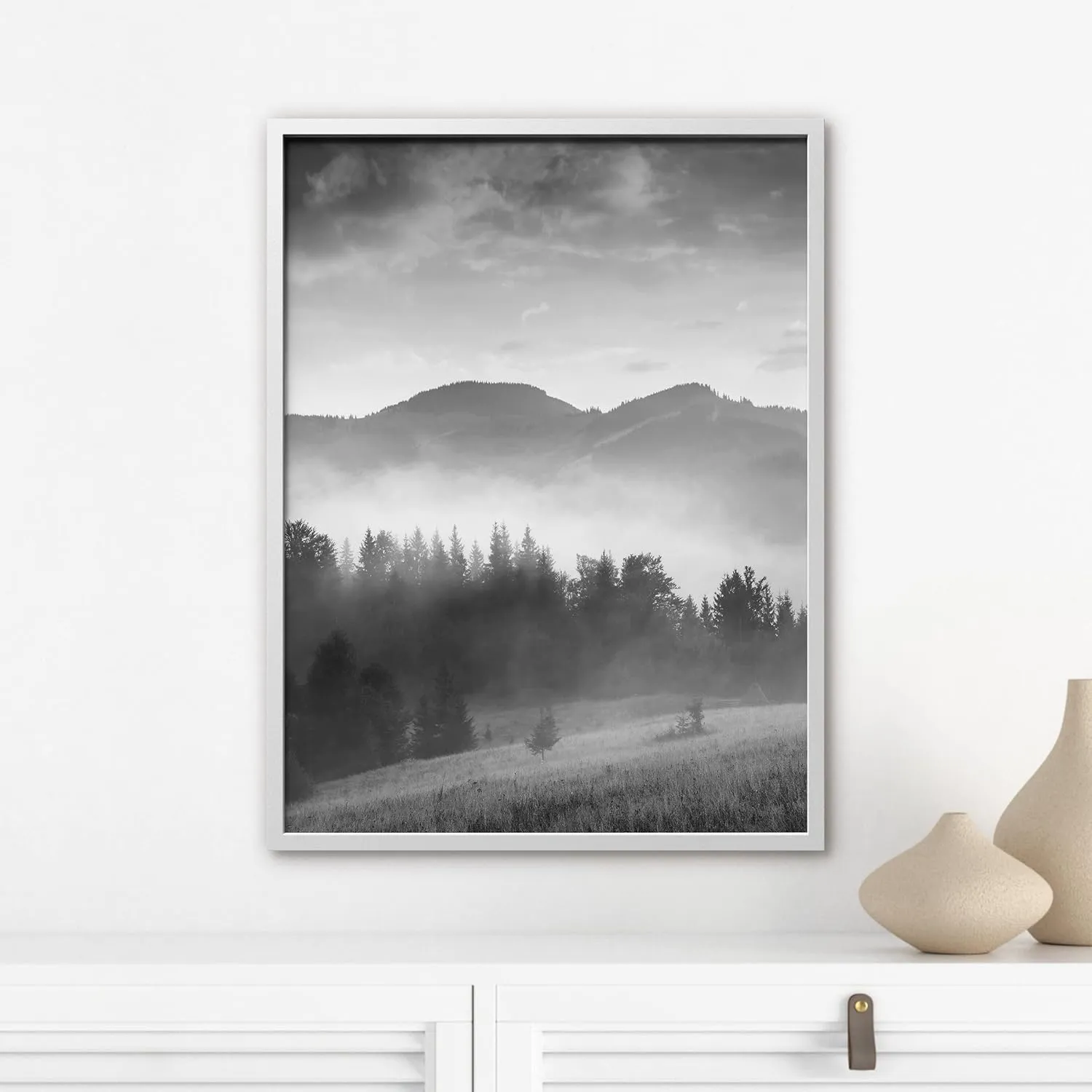 Ashbrook Framed Wall Art Print Dark Hills Lead into Mountain Nature Wilderness Photography Realism Modern Landscape Dramatic Dark Black and White for Living Room, Bedroom, Office - 12"x16" WHITE