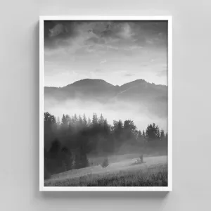 Ashbrook Framed Wall Art Print Dark Hills Lead into Mountain Nature Wilderness Photography Realism Modern Landscape Dramatic Dark Black and White for Living Room, Bedroom, Office - 12"x16" WHITE