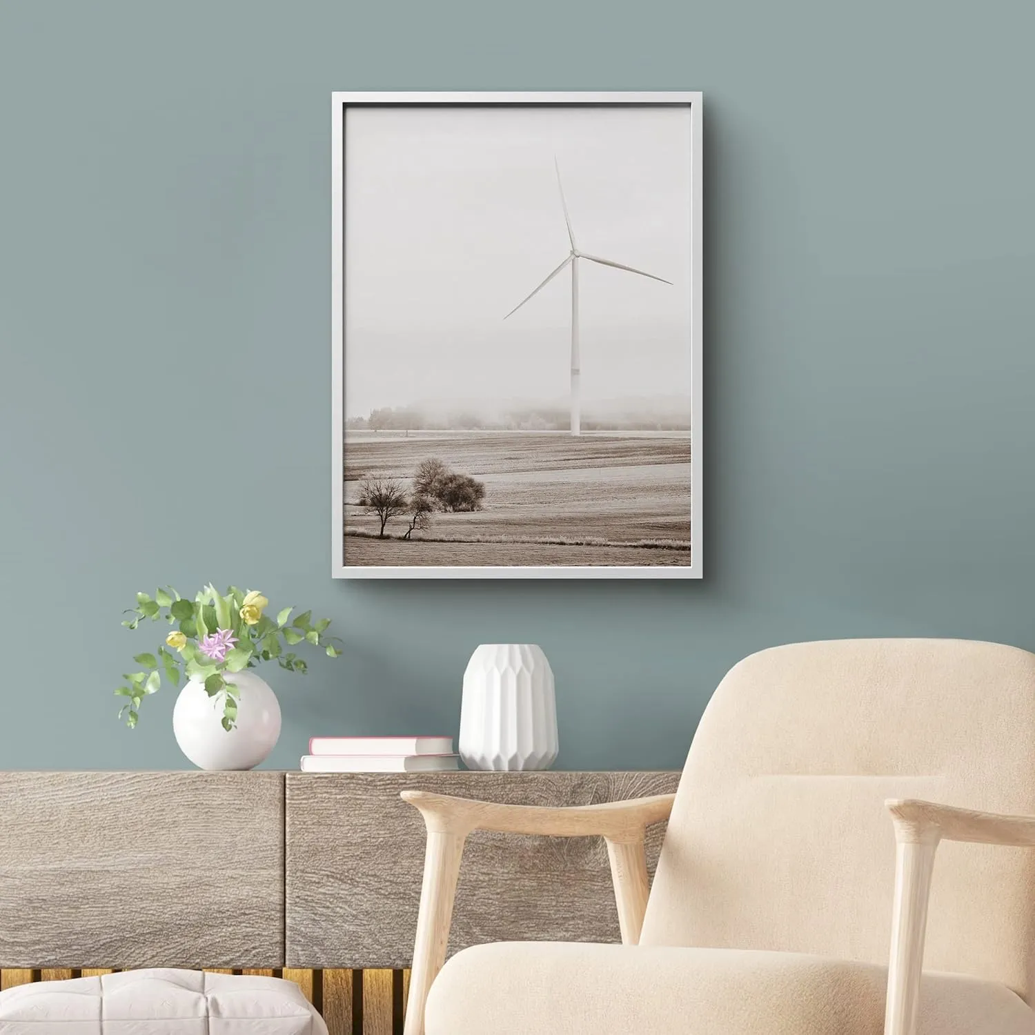 Ashbrook Framed Wall Art Print Duotone Country Windmill Landscape Nature Wilderness Photography Modern Rustic Scenic Relax/Calm Multicolor for Living Room, Bedroom, Office - 12"x16" WHITE