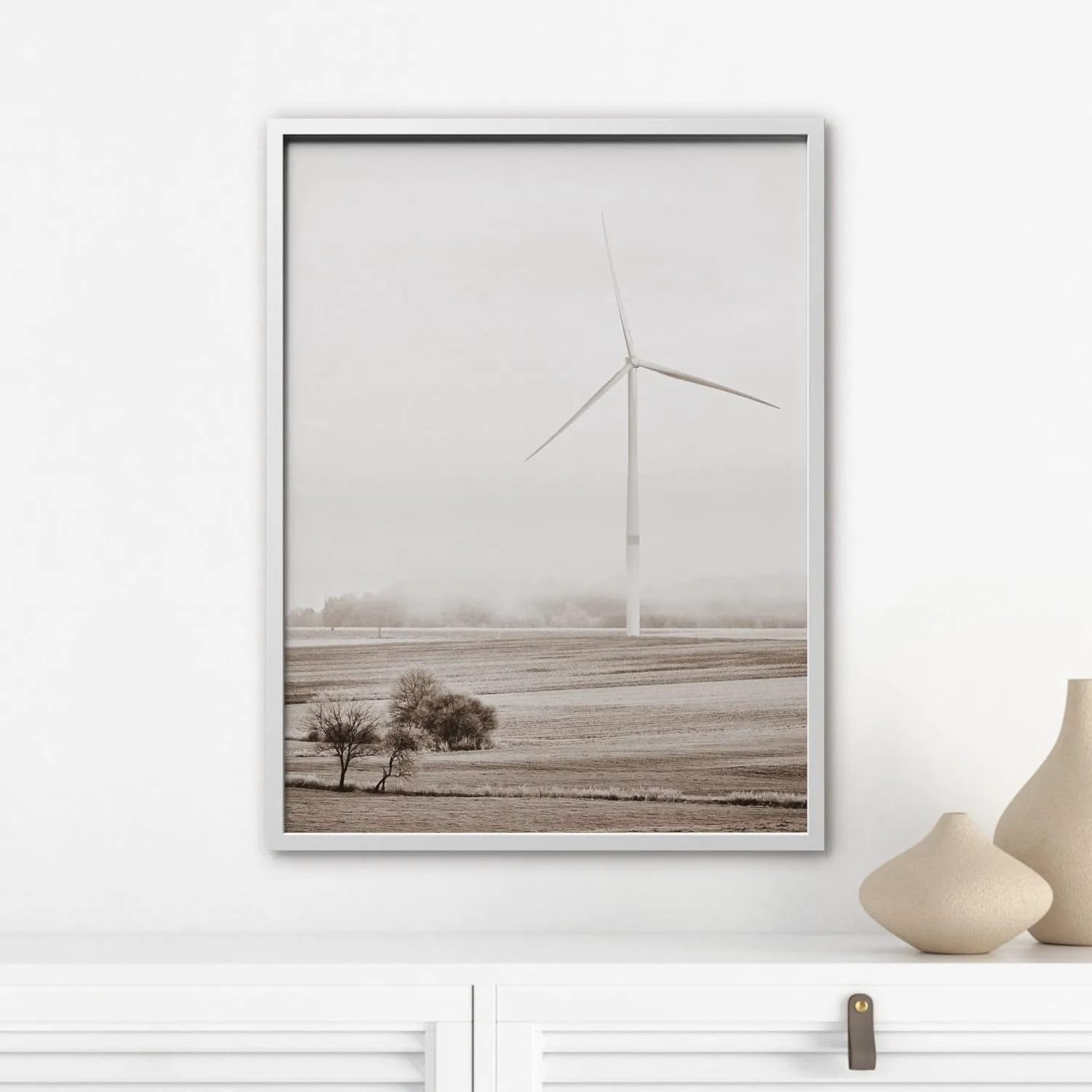 Ashbrook Framed Wall Art Print Duotone Country Windmill Landscape Nature Wilderness Photography Modern Rustic Scenic Relax/Calm Multicolor for Living Room, Bedroom, Office - 12"x16" WHITE