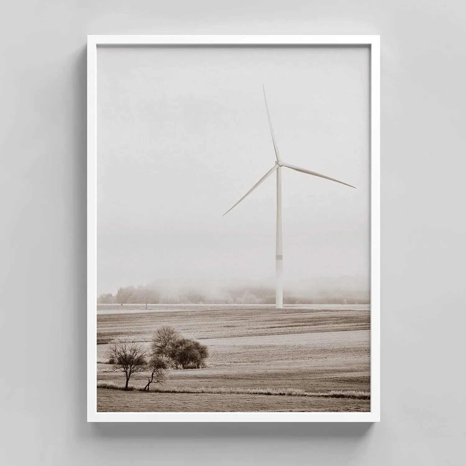 Ashbrook Framed Wall Art Print Duotone Country Windmill Landscape Nature Wilderness Photography Modern Rustic Scenic Relax/Calm Multicolor for Living Room, Bedroom, Office - 12"x16" WHITE