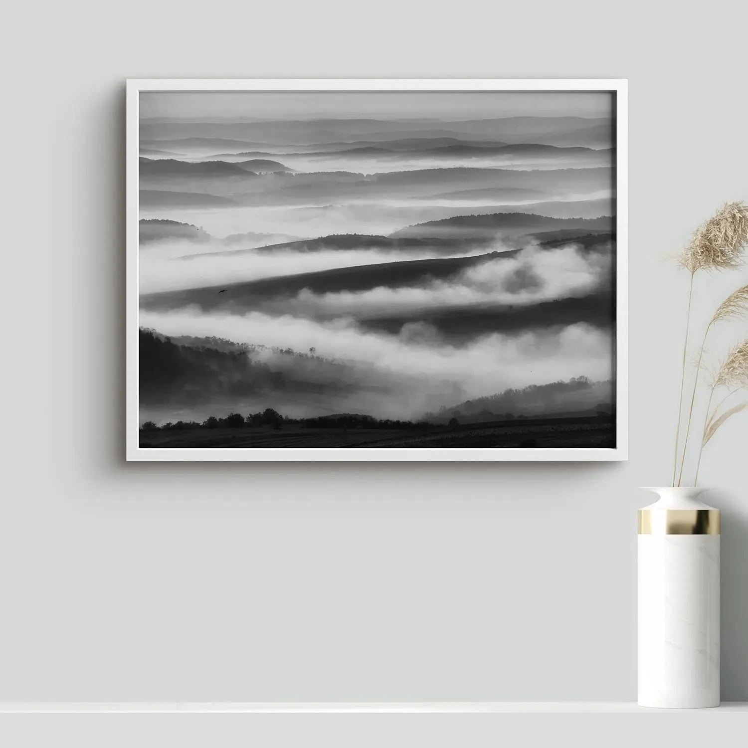 Ashbrook Framed Wall Art Print Fog Flows Atop Mountain Nature Wilderness Photography Realism Contemporary Landscape Relax/Calm Black and White for Living Room, Bedroom, Office - 12"x16" WHITE
