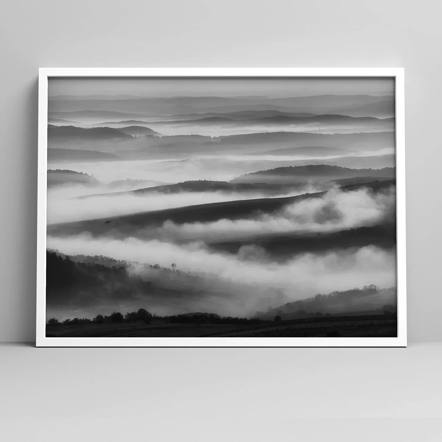 Ashbrook Framed Wall Art Print Fog Flows Atop Mountain Nature Wilderness Photography Realism Contemporary Landscape Relax/Calm Black and White for Living Room, Bedroom, Office - 12"x16" WHITE