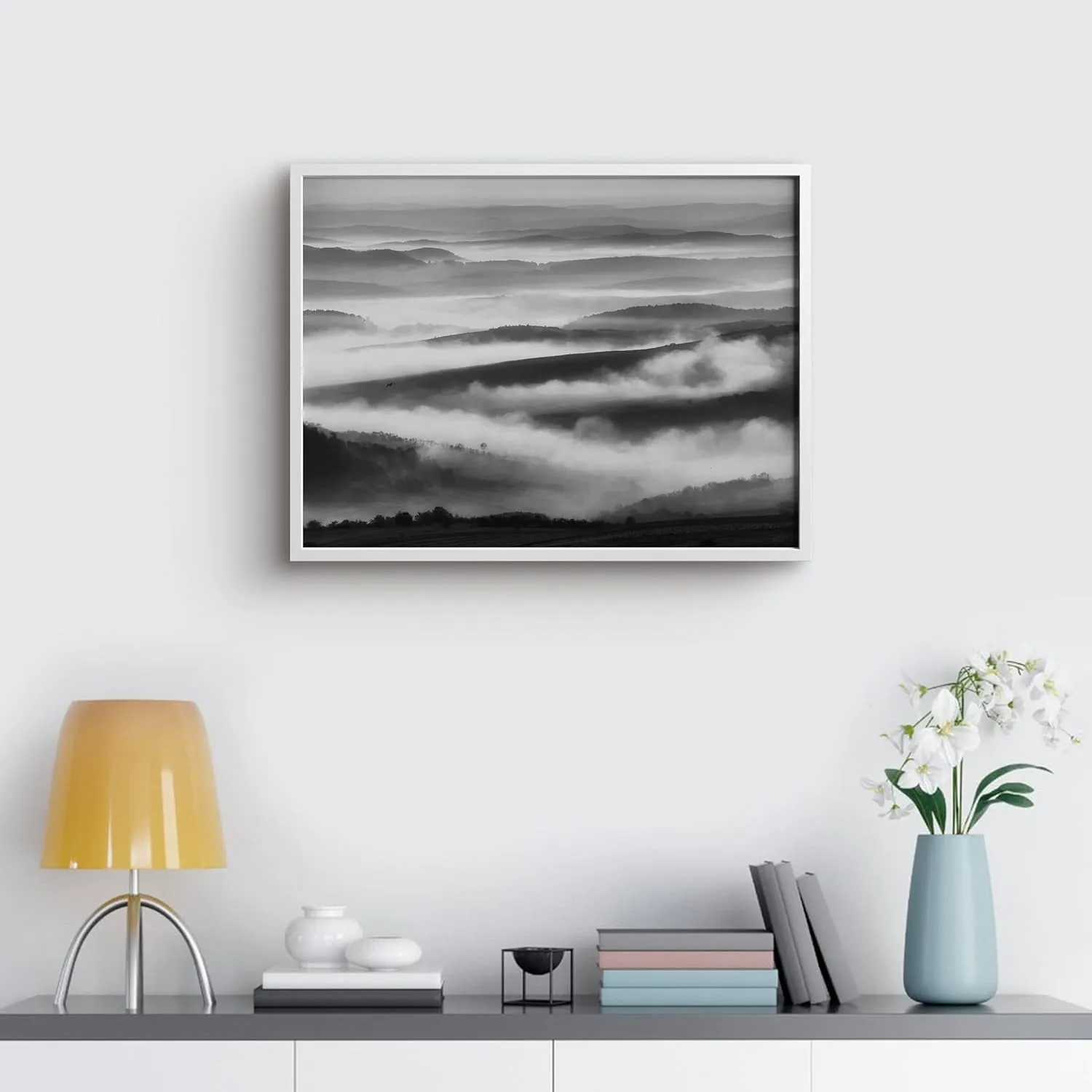 Ashbrook Framed Wall Art Print Fog Flows Atop Mountain Nature Wilderness Photography Realism Contemporary Landscape Relax/Calm Black and White for Living Room, Bedroom, Office - 12"x16" WHITE