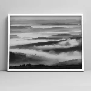 Ashbrook Framed Wall Art Print Fog Flows Atop Mountain Nature Wilderness Photography Realism Contemporary Landscape Relax/Calm Black and White for Living Room, Bedroom, Office - 12"x16" WHITE