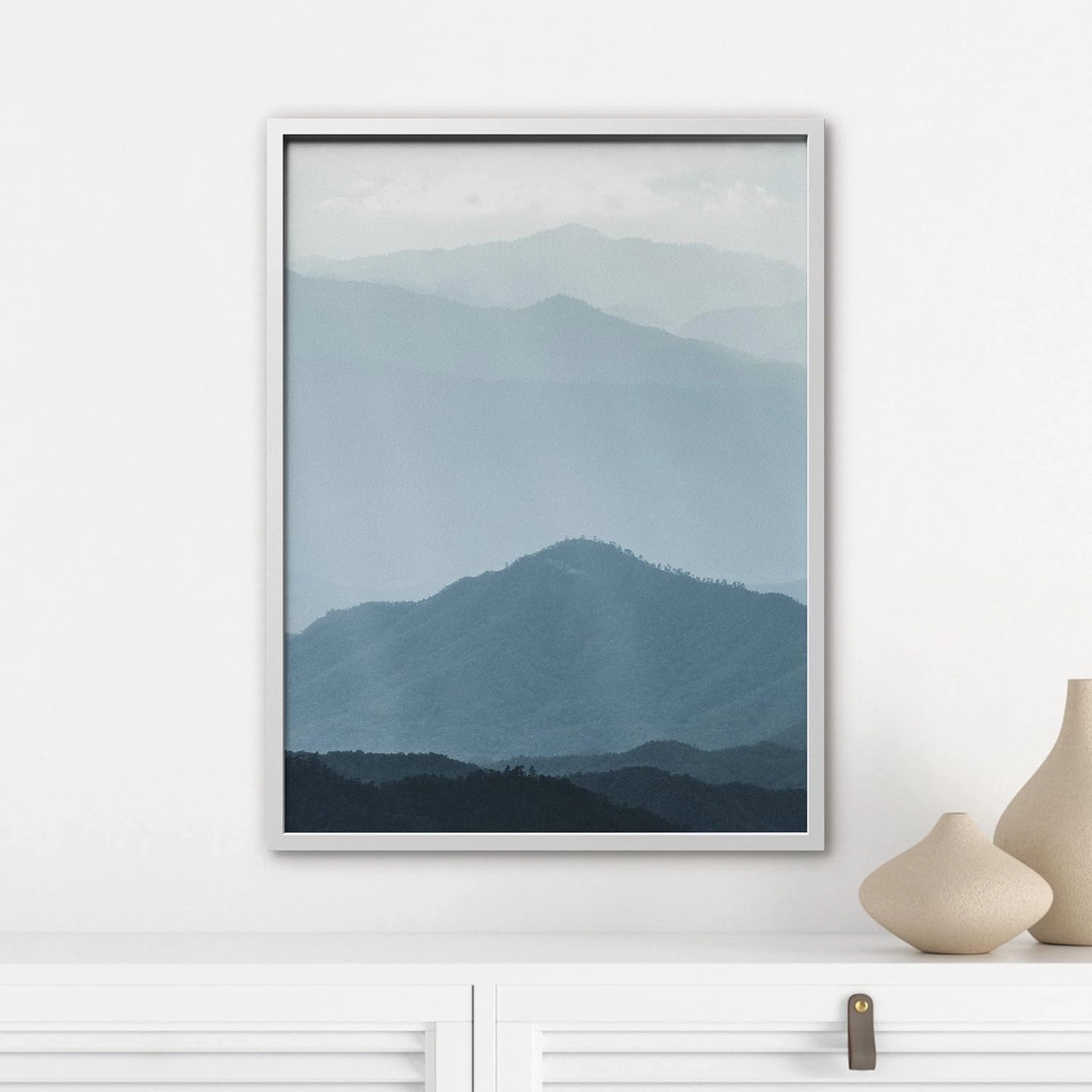 Ashbrook Framed Wall Art Print Blue and White Mountain Valley Landscape Nature Wilderness Photography Modern Rustic Scenic Relax/Calm Multicolor for Living Room, Bedroom, Office - 12"x16" WHITE