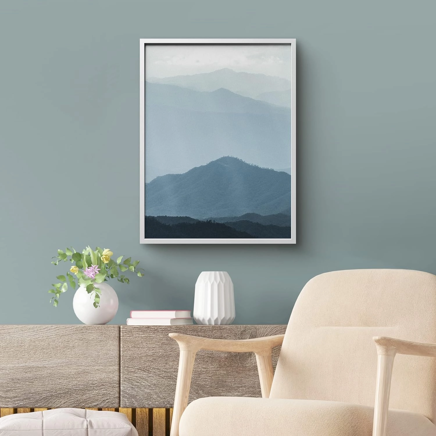 Ashbrook Framed Wall Art Print Blue and White Mountain Valley Landscape Nature Wilderness Photography Modern Rustic Scenic Relax/Calm Multicolor for Living Room, Bedroom, Office - 12"x16" WHITE