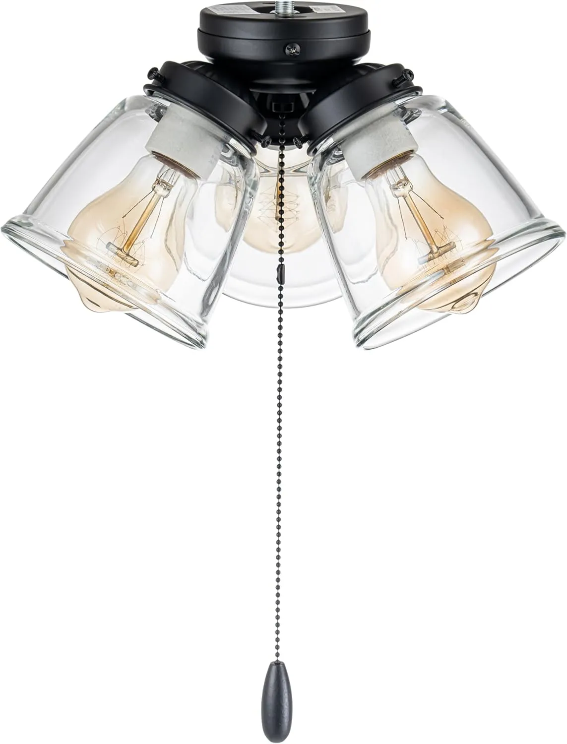 Aspen Creative 22012-1, Three-Light Ceiling Fan Light Kit with Pull Chain, Matte Black Finish with Clear Glass Shades, 13-1/8" Diameter x 6-3/4" Height