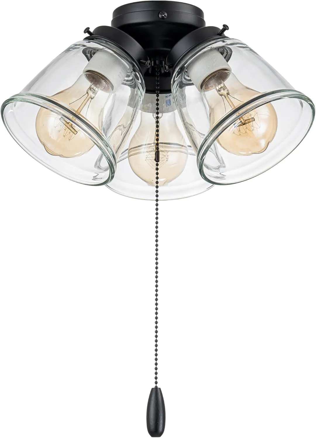 Aspen Creative 22012-1, Three-Light Ceiling Fan Light Kit with Pull Chain, Matte Black Finish with Clear Glass Shades, 13-1/8" Diameter x 6-3/4" Height