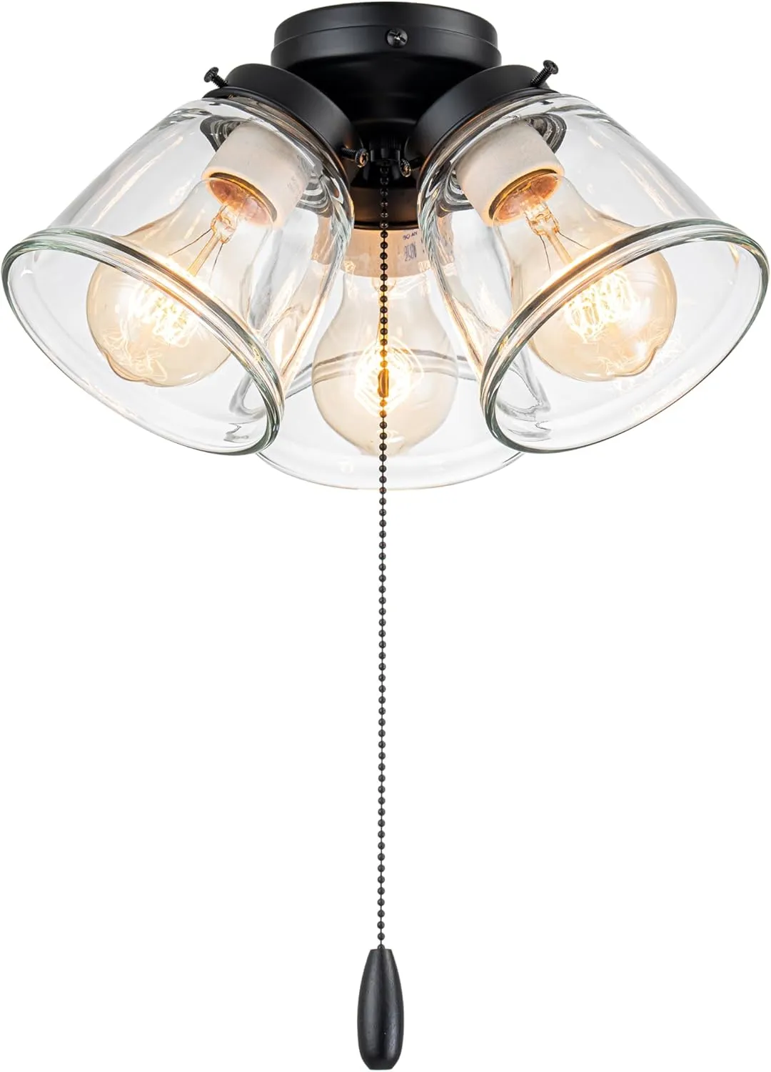 Aspen Creative 22012-1, Three-Light Ceiling Fan Light Kit with Pull Chain, Matte Black Finish with Clear Glass Shades, 13-1/8" Diameter x 6-3/4" Height