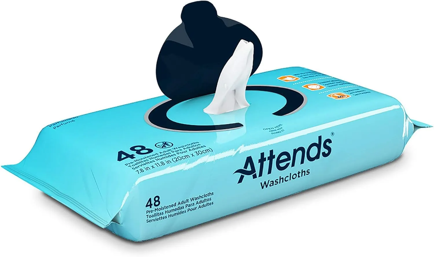 Attends Washcloths No-Rinse Disposable Cleansing Wipes for Incontinence, 7.8"x11.8", Hypoallergenic Alcohol-Free, Unscented, 576ct Case