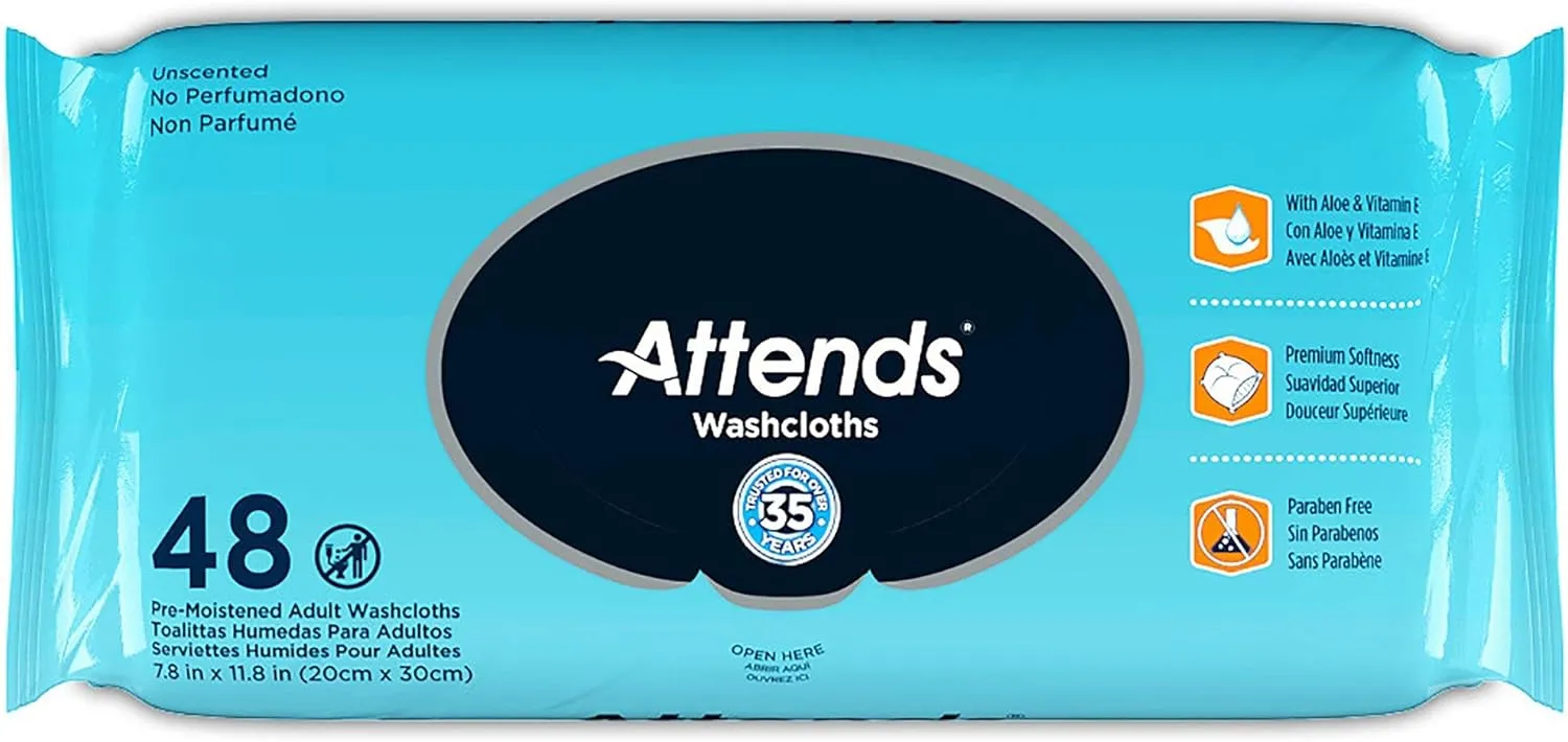 Attends Washcloths No-Rinse Disposable Cleansing Wipes for Incontinence, 7.8"x11.8", Hypoallergenic Alcohol-Free, Unscented, 576ct Case