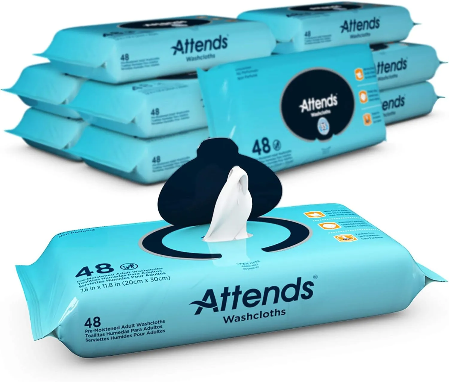Attends Washcloths No-Rinse Disposable Cleansing Wipes for Incontinence, 7.8"x11.8", Hypoallergenic Alcohol-Free, Unscented, 576ct Case