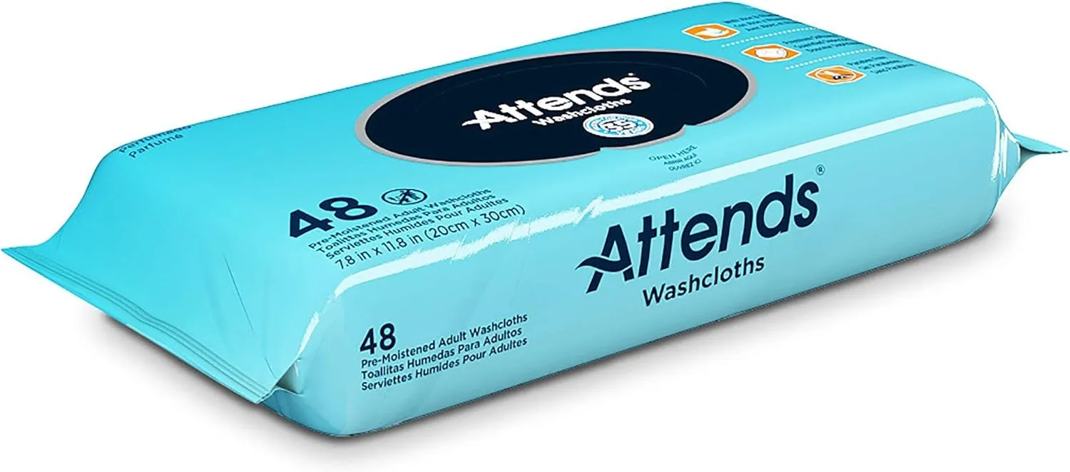 Attends Washcloths No-Rinse Disposable Cleansing Wipes for Incontinence, 7.8"x11.8", Hypoallergenic Alcohol-Free, Unscented, 576ct Case