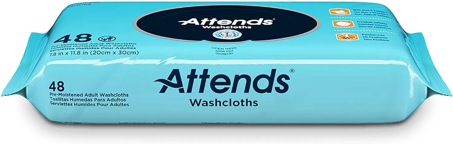 Attends Washcloths No-Rinse Disposable Cleansing Wipes for Incontinence, 7.8"x11.8", Hypoallergenic Alcohol-Free, Unscented, 576ct Case