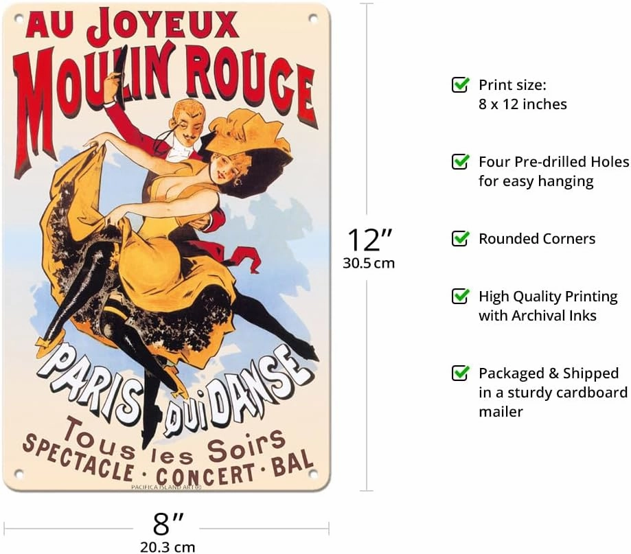 Au Joyeux Moulin Rouge (Happy at the Moulin Rouge) - Dance Cabaret - Paris France - Vintage Theater Poster c.1890s - 8 x 12 inch Vintage Metal Tin Sign