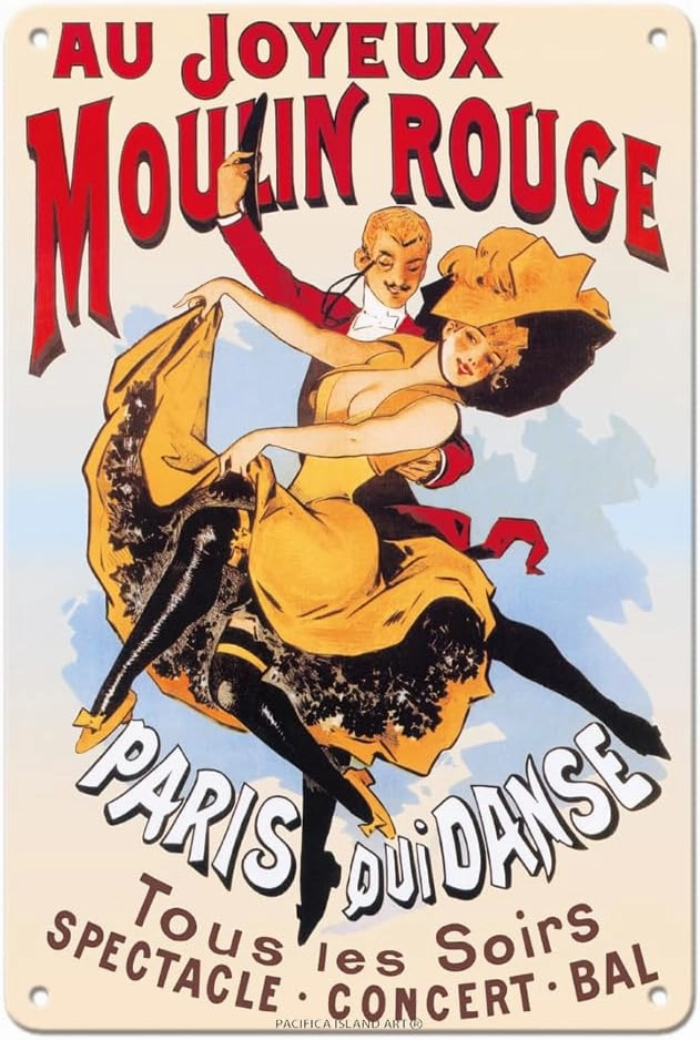 Au Joyeux Moulin Rouge (Happy at the Moulin Rouge) - Dance Cabaret - Paris France - Vintage Theater Poster c.1890s - 8 x 12 inch Vintage Metal Tin Sign