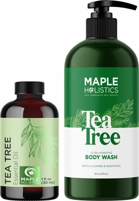 Australian Tea Tree Oil Set - Pure Tea Tree Essential Oil plus Invigorating Tea Tree Body Wash for Dry Oily and Combination Skin Types - Super Cleansing and Refreshing Tea Tree Oil Skin Care Products