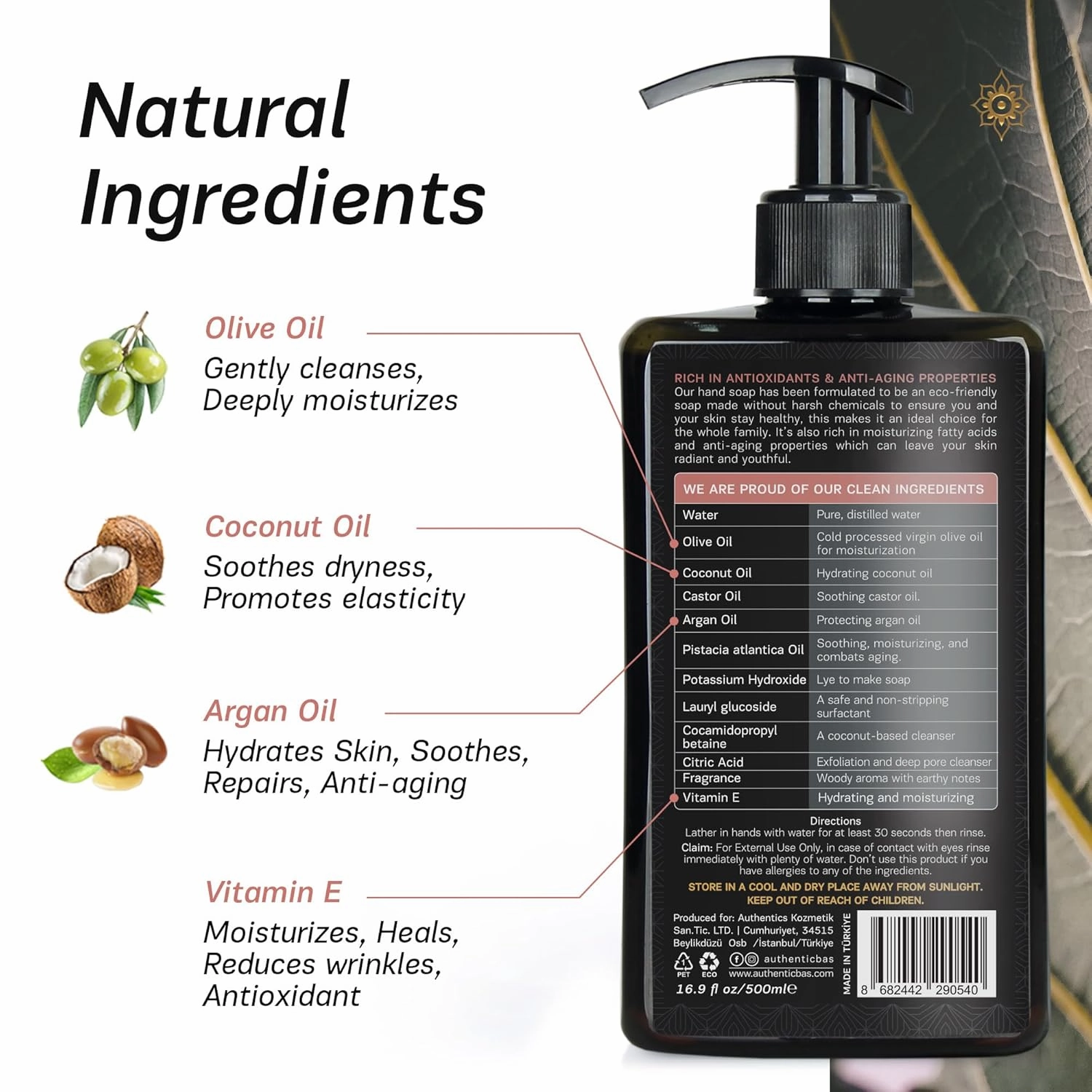 AUTHENTIC BATH & SOAP - Organic Argan Oil Castile Soap Liquid Hand Soap - Organic, Nourishing, moisturizing, Natural, (Cruelty, Paraben, SLS) Free, Enriched with Vitamin E, 16.9 Fl Oz