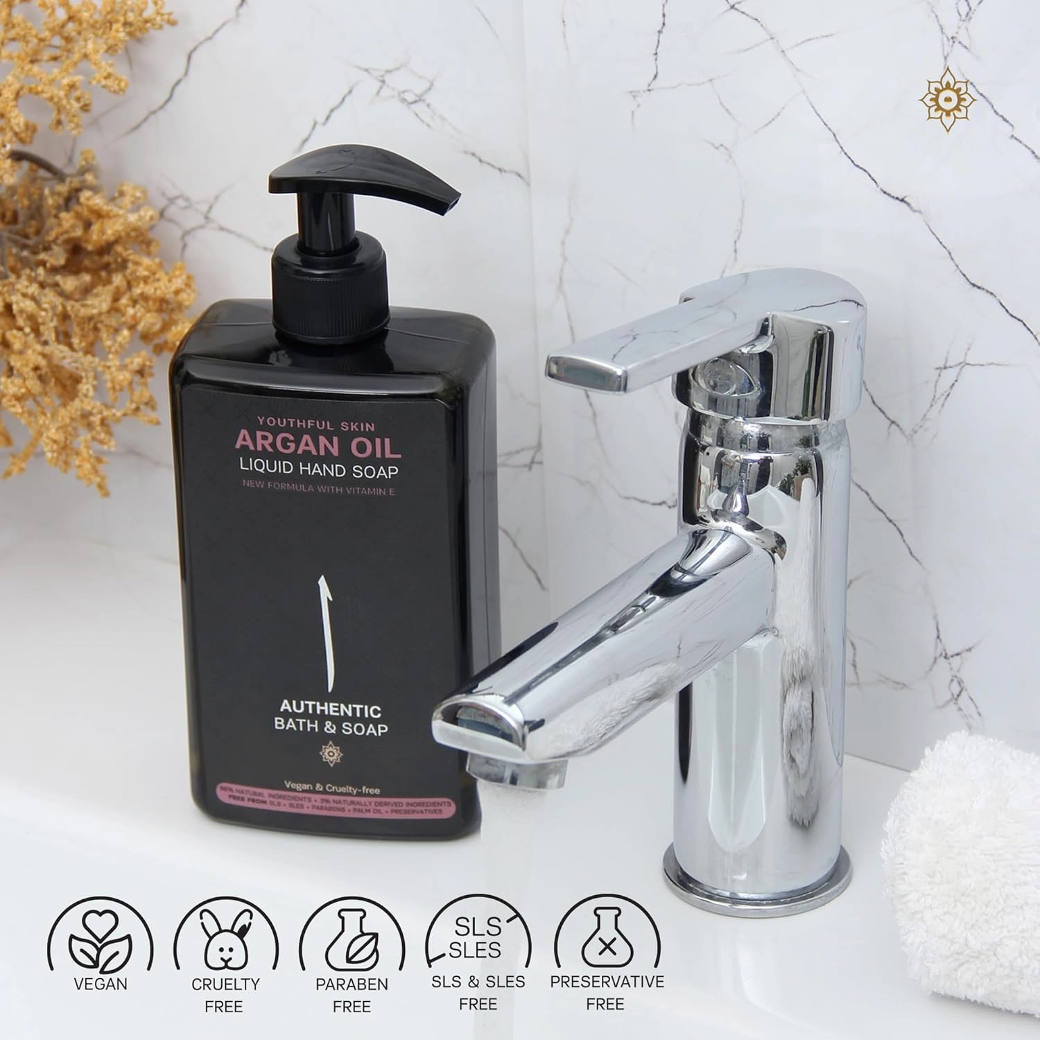 AUTHENTIC BATH & SOAP - Organic Argan Oil Castile Soap Liquid Hand Soap - Organic, Nourishing, moisturizing, Natural, (Cruelty, Paraben, SLS) Free, Enriched with Vitamin E, 16.9 Fl Oz