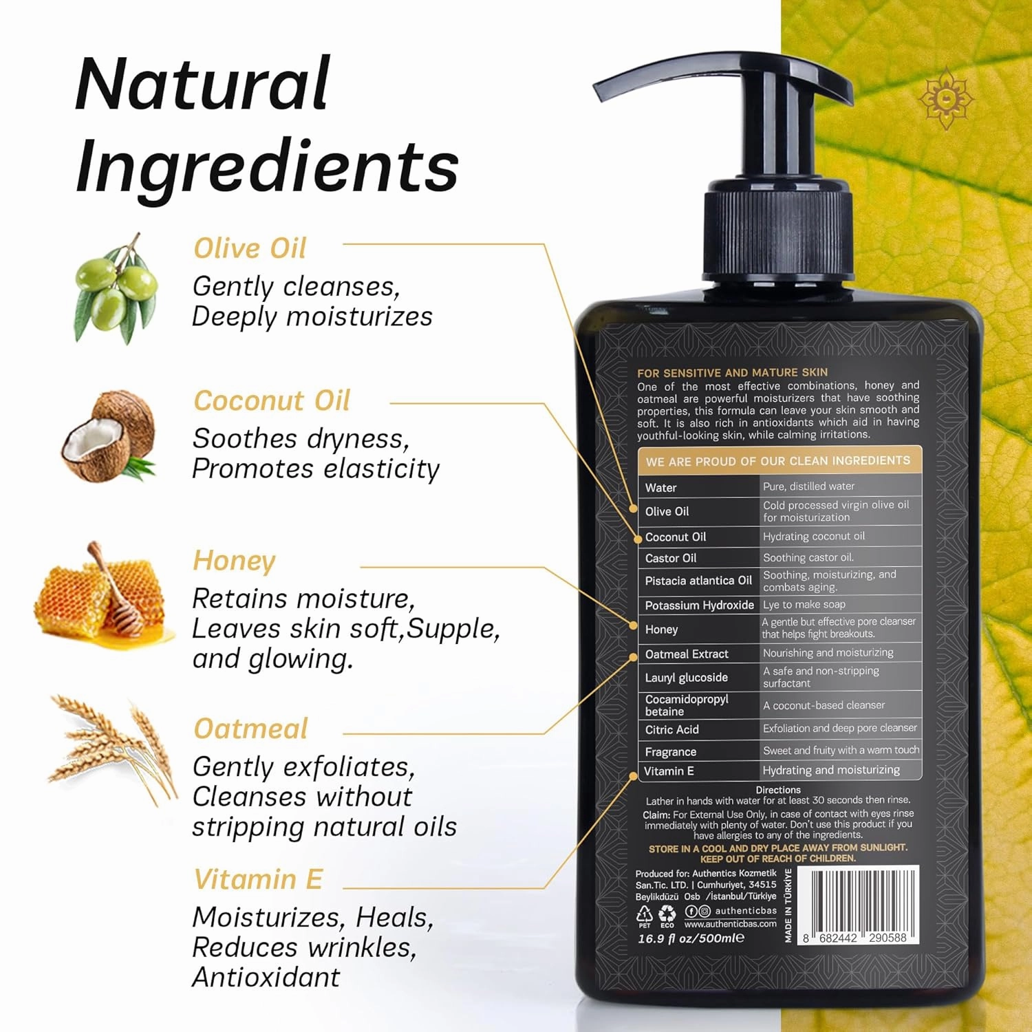 AUTHENTIC BATH & SOAP Natural Honey & Oatmeal Organic Hand Soap - Hydrating, Moisturizing & Soothing, with Vitamin E - Paraben-Free, Sulfate-Free, Cruelty-Free, 16.9 Fl Oz