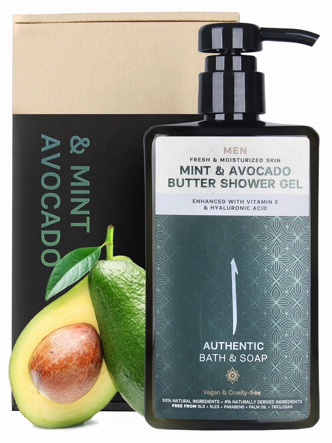 AUTHENTIC BATH & SOAP Sensitive Skin Body Wash – Organic Mint Essential Oil & Avocado Butter – Hydrating Shower Gel with Vitamin E & Hyaluronic Acid – SLS Free, Moisturizing & Refreshing, 16.9 Fl Oz