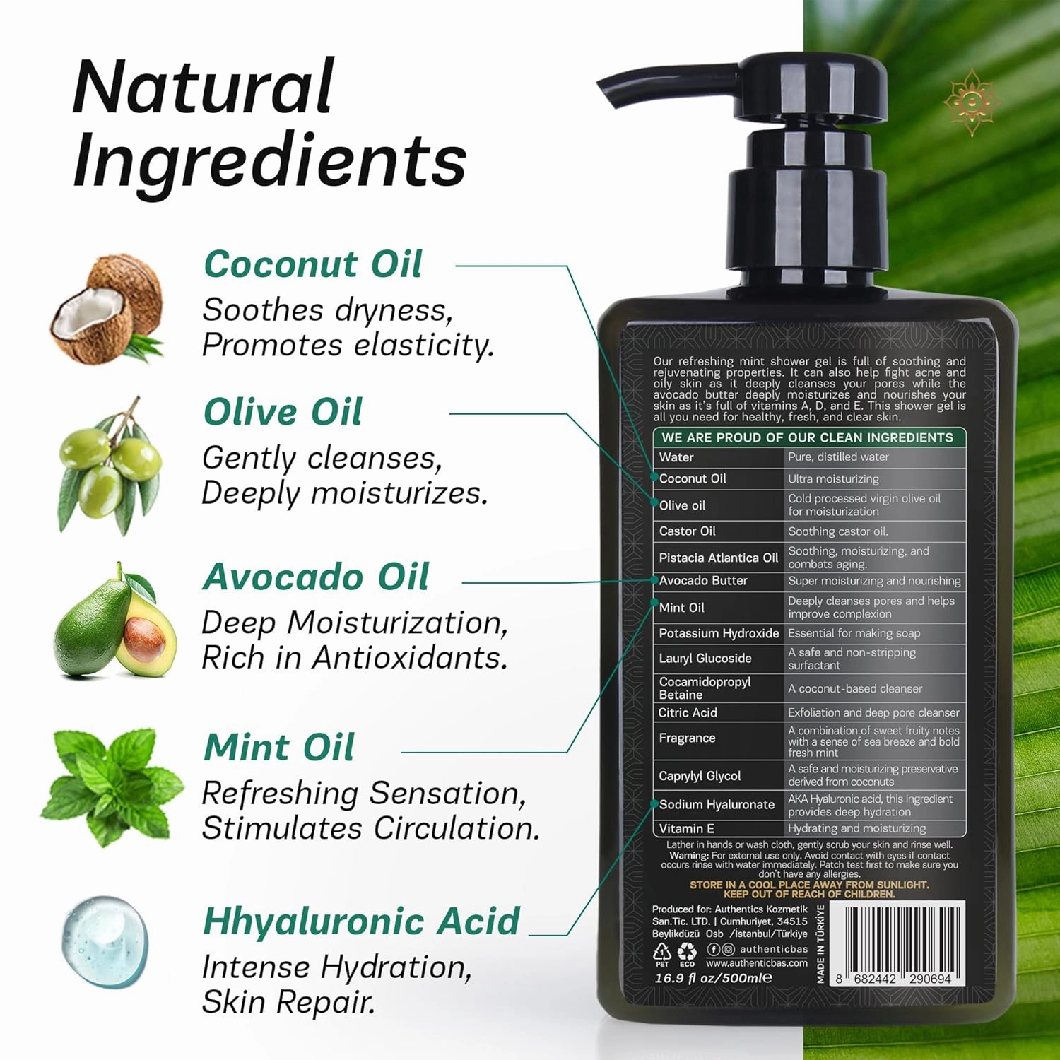 AUTHENTIC BATH & SOAP Sensitive Skin Body Wash – Organic Mint Essential Oil & Avocado Butter – Hydrating Shower Gel with Vitamin E & Hyaluronic Acid – SLS Free, Moisturizing & Refreshing, 16.9 Fl Oz