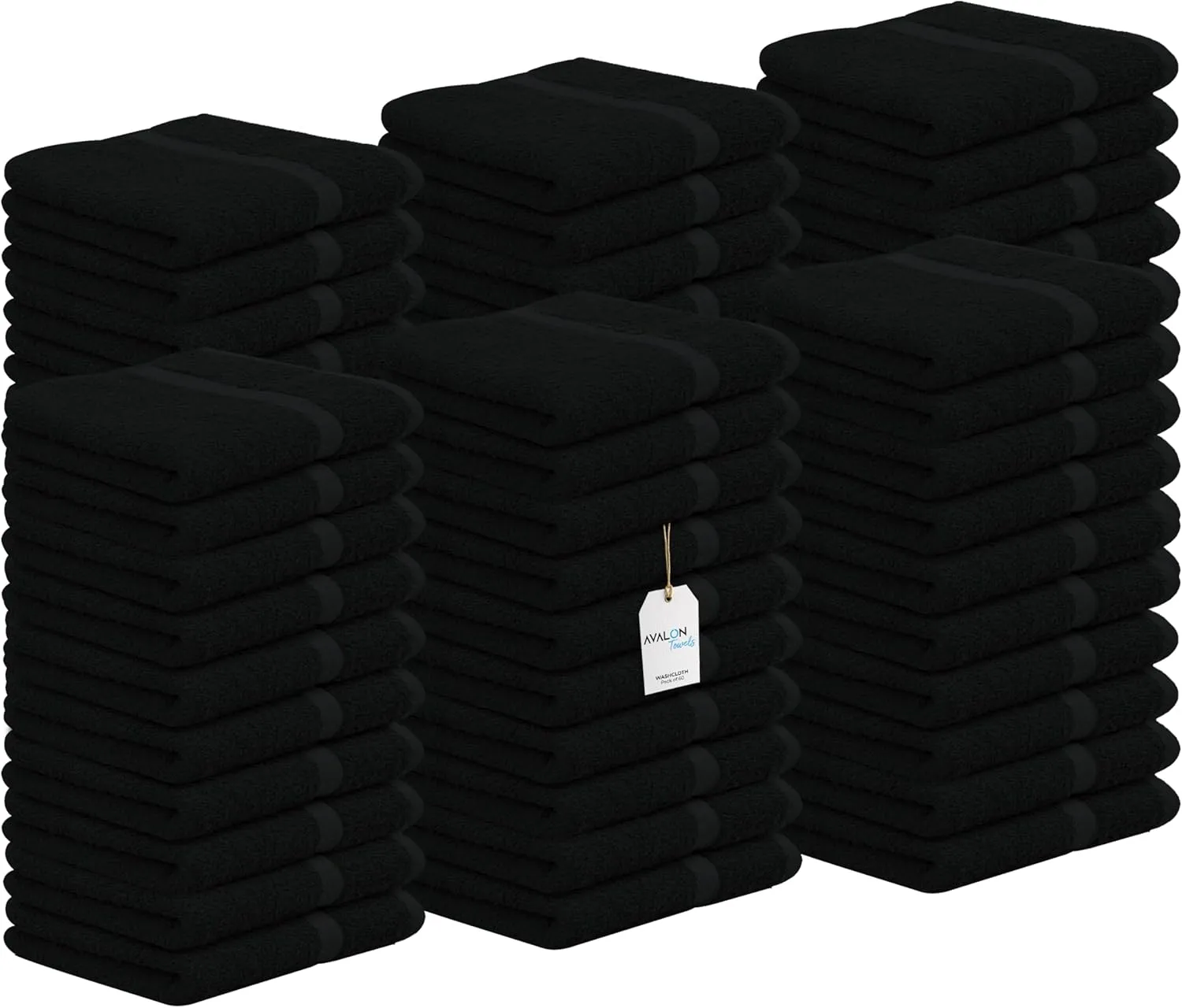 Avalon Towels Cotton Washcloths – (Pack of 60) Size 12x12 Inches, 100% Ring Spun Cotton, Soft & Absorbent Face Towels, Gym Towels, Hotel and Spa Quality, Reusable Fingertip Towels (Black)