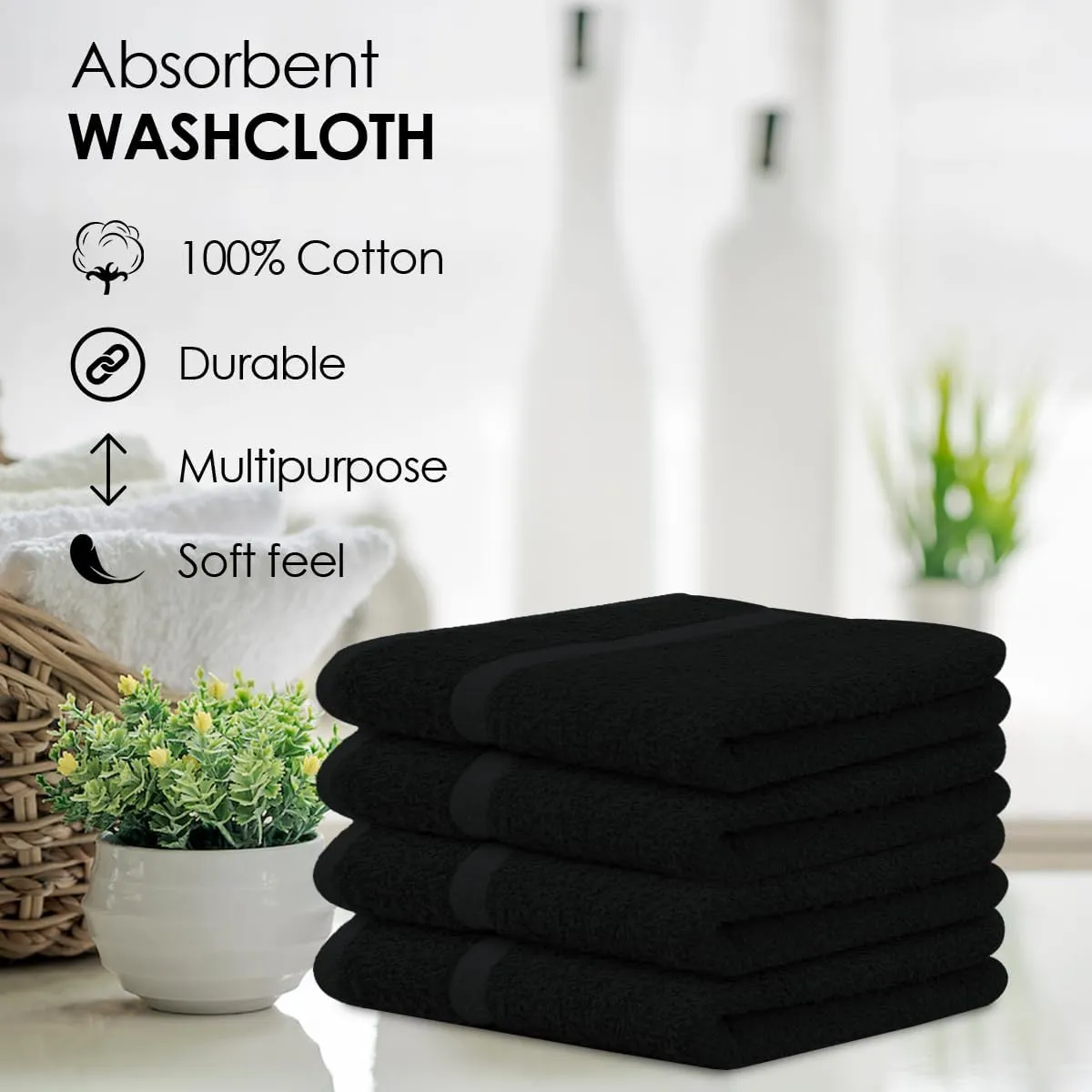 Avalon Towels Cotton Washcloths – (Pack of 60) Size 12x12 Inches, 100% Ring Spun Cotton, Soft & Absorbent Face Towels, Gym Towels, Hotel and Spa Quality, Reusable Fingertip Towels (Black)